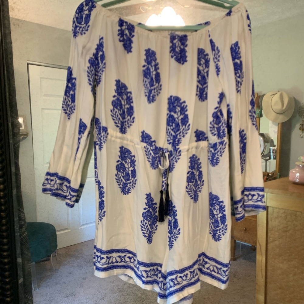 Blue & White Off the Shoulder Romper
